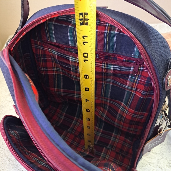 Small Canvas & Leather Backpack Navy and Plum with Silver Hardware Bee Accent - Picture 13 of 14